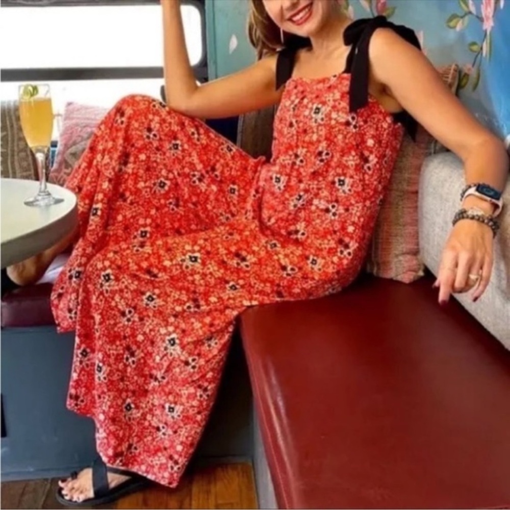 NEW Free People Cecilia Red Jumpsuit Wide Leg Small Black Straps Pockets